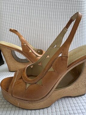 Michael Kors Tan Leather Cutout Slingback Wedge Sandals
